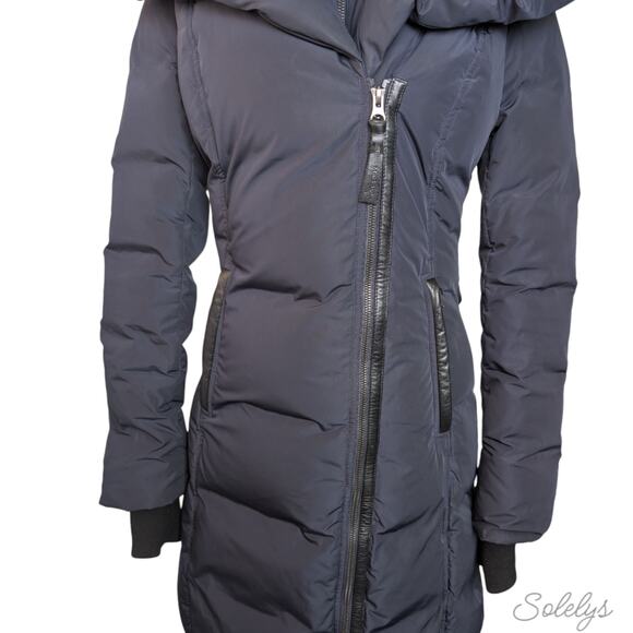 Mackage Kay Down Water Resistant Long Hooded Signature Collar Coat Navy Blue XS - Picture 11 of 14